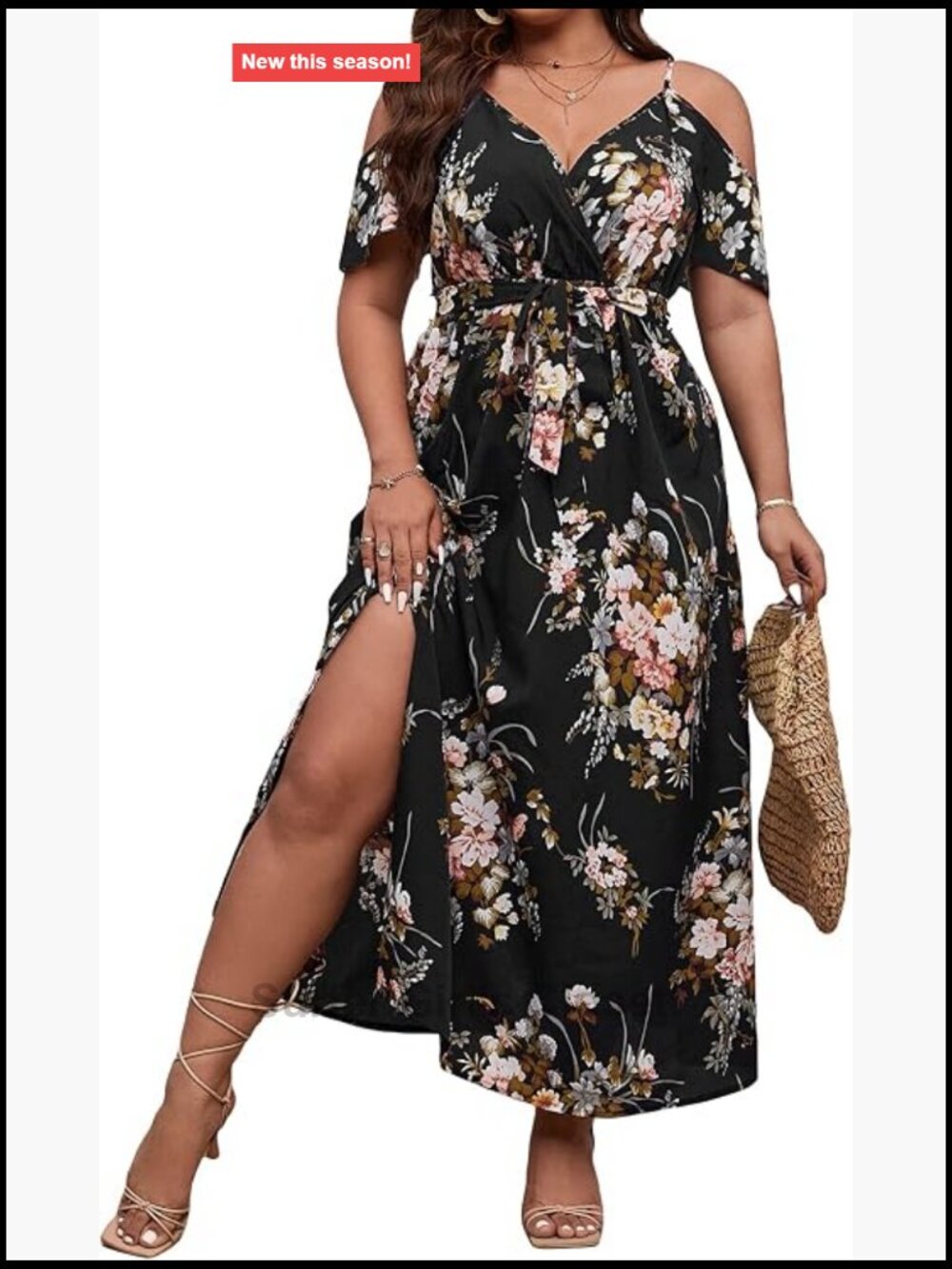 Plus Size Cold Shoulder Maxi Dress, Short Sleeve Split Thigh Floral